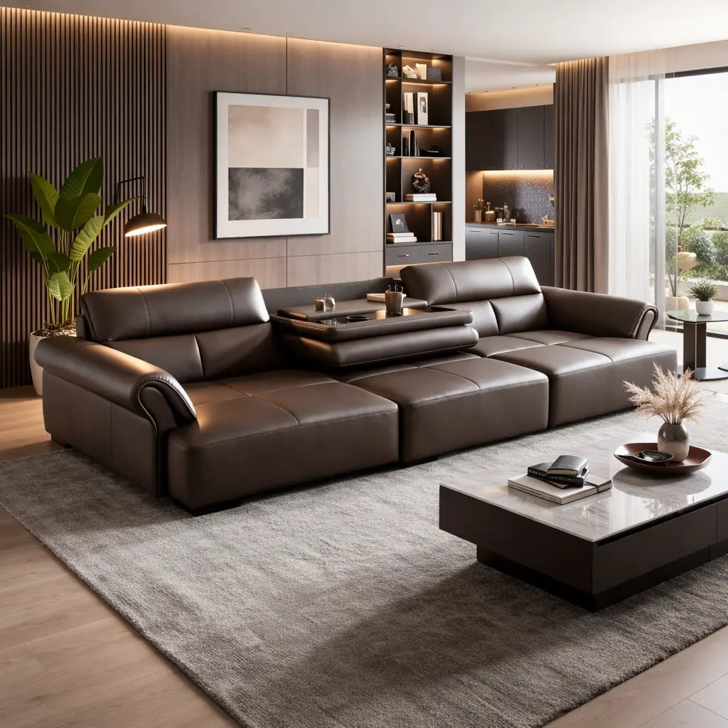 Modern living room with a large brown leather sectional sofa from divine sofas, coffee table, and decorative elements.