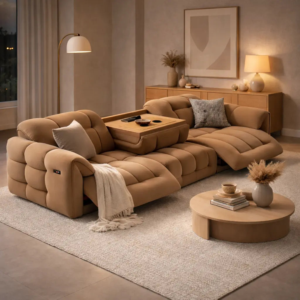 Beige sectional sofa from divine sofas in a living room setting with a coffee table and decorative items.