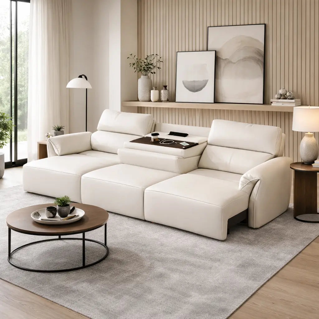 Modern living room with a white sectional sofa from divine sofas, coffee table, and decorative elements.