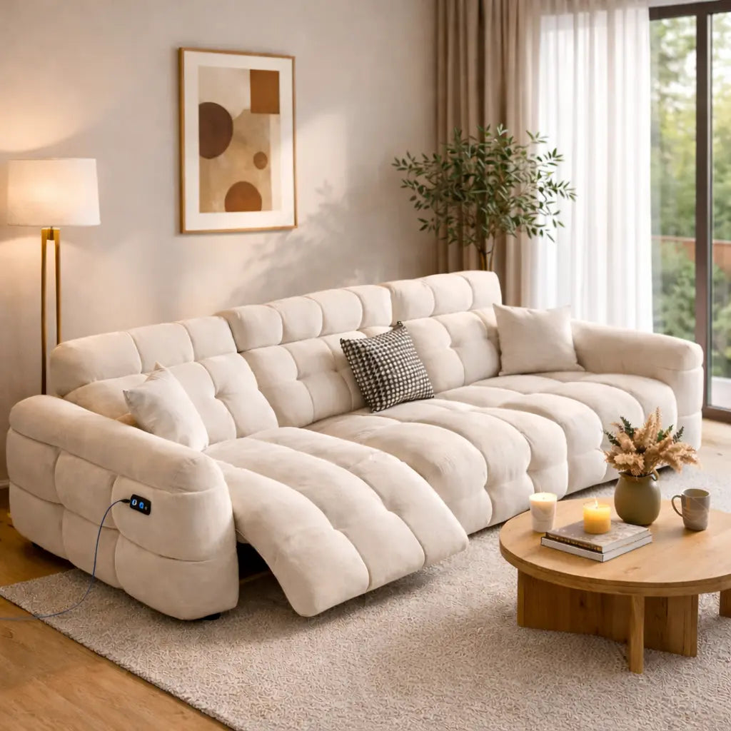Beige sectional sofa from divine sofas in a living room with a coffee table and decor items.