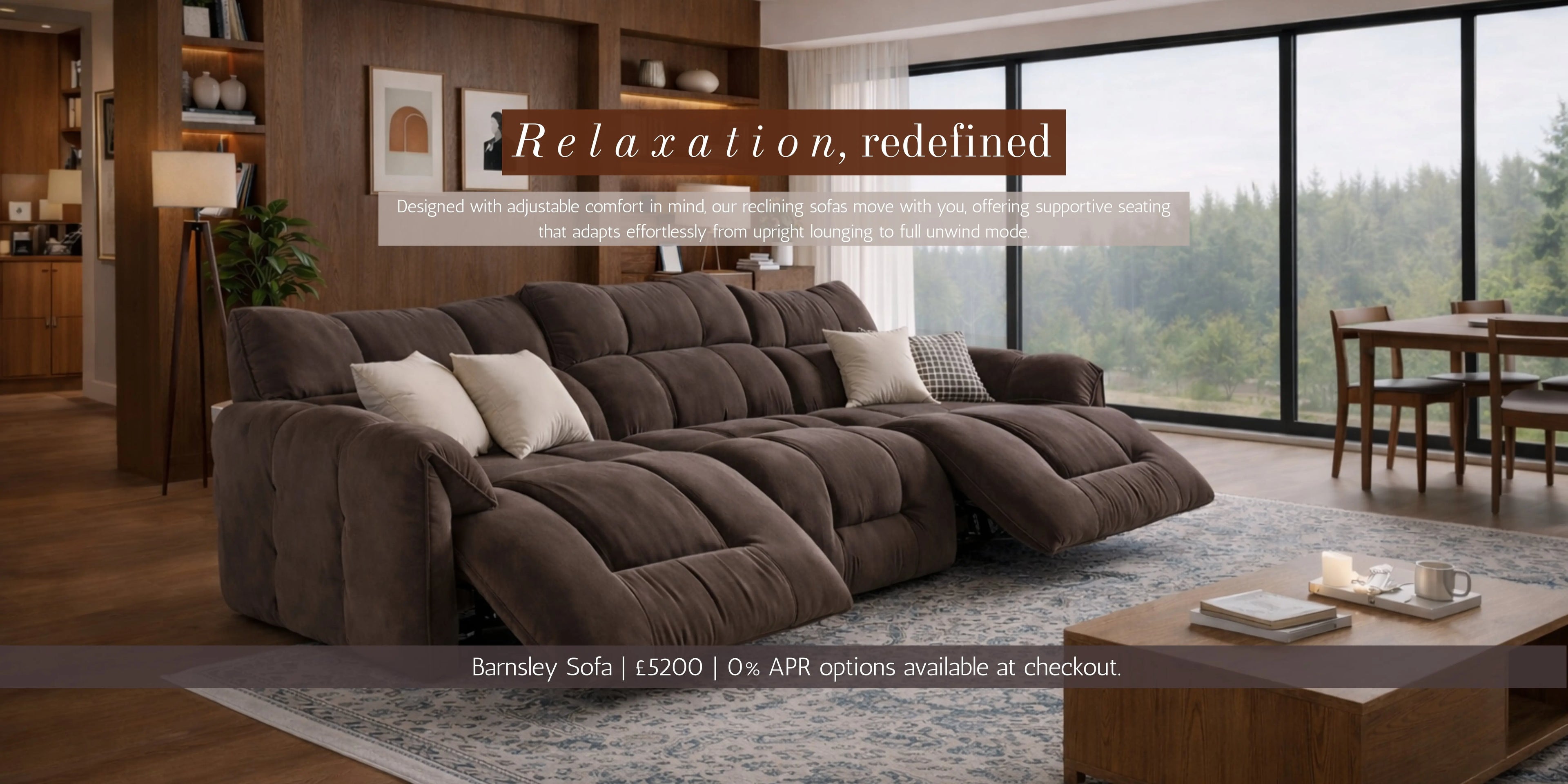 Brown sectional sofa from divine sofas in a living room with large windows and furniture.