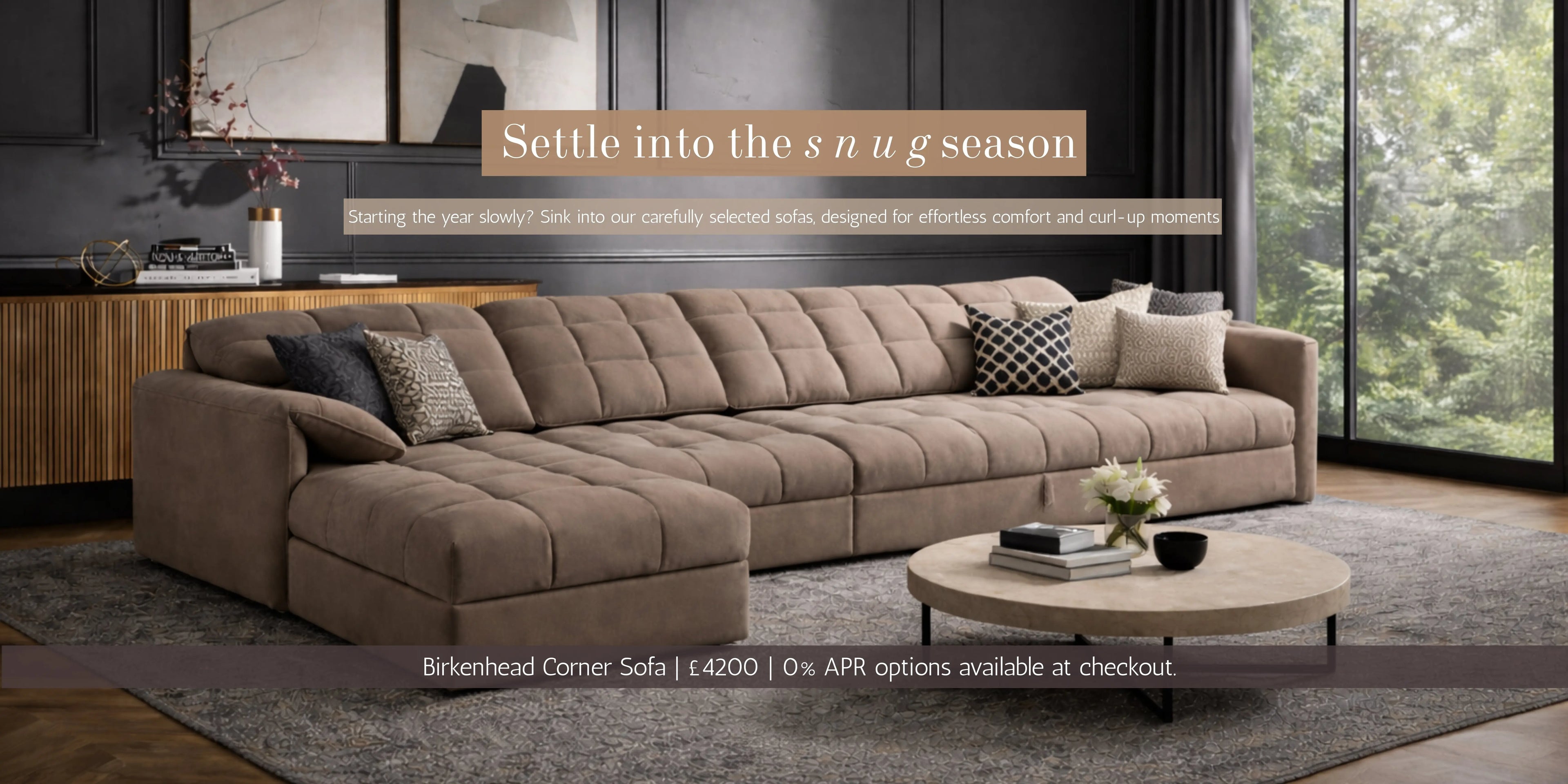 Brown sectional sofa from divine sofas in a living room setting with decorative elements.