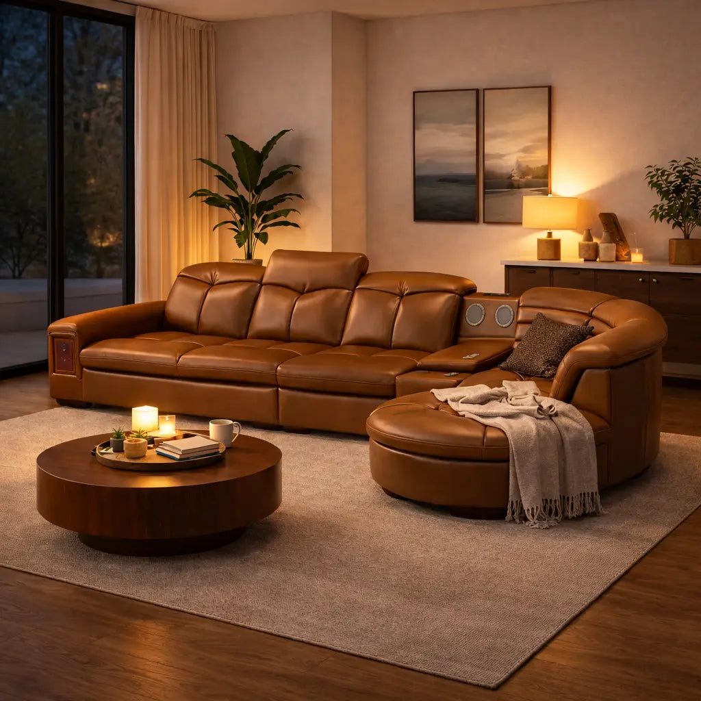 Cozy living room with brown leather sectional sofa from divine sofas, round coffee table, and decorative elements.