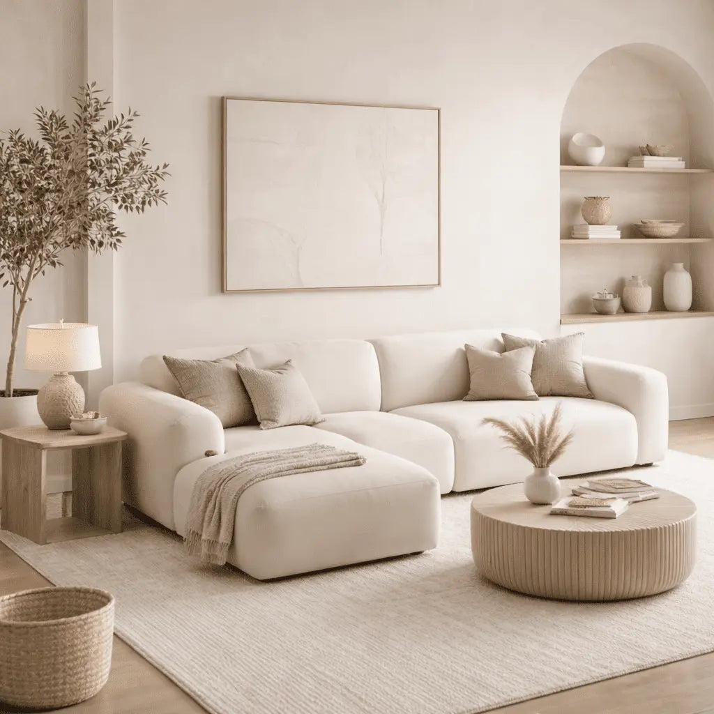 Modern living room with a beige sectional sofa from divine sofas, coffee table, and decorative items.