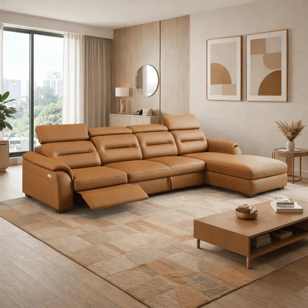 Modern living room with a brown leather sectional sofa, coffee table, and abstract art on the wall.