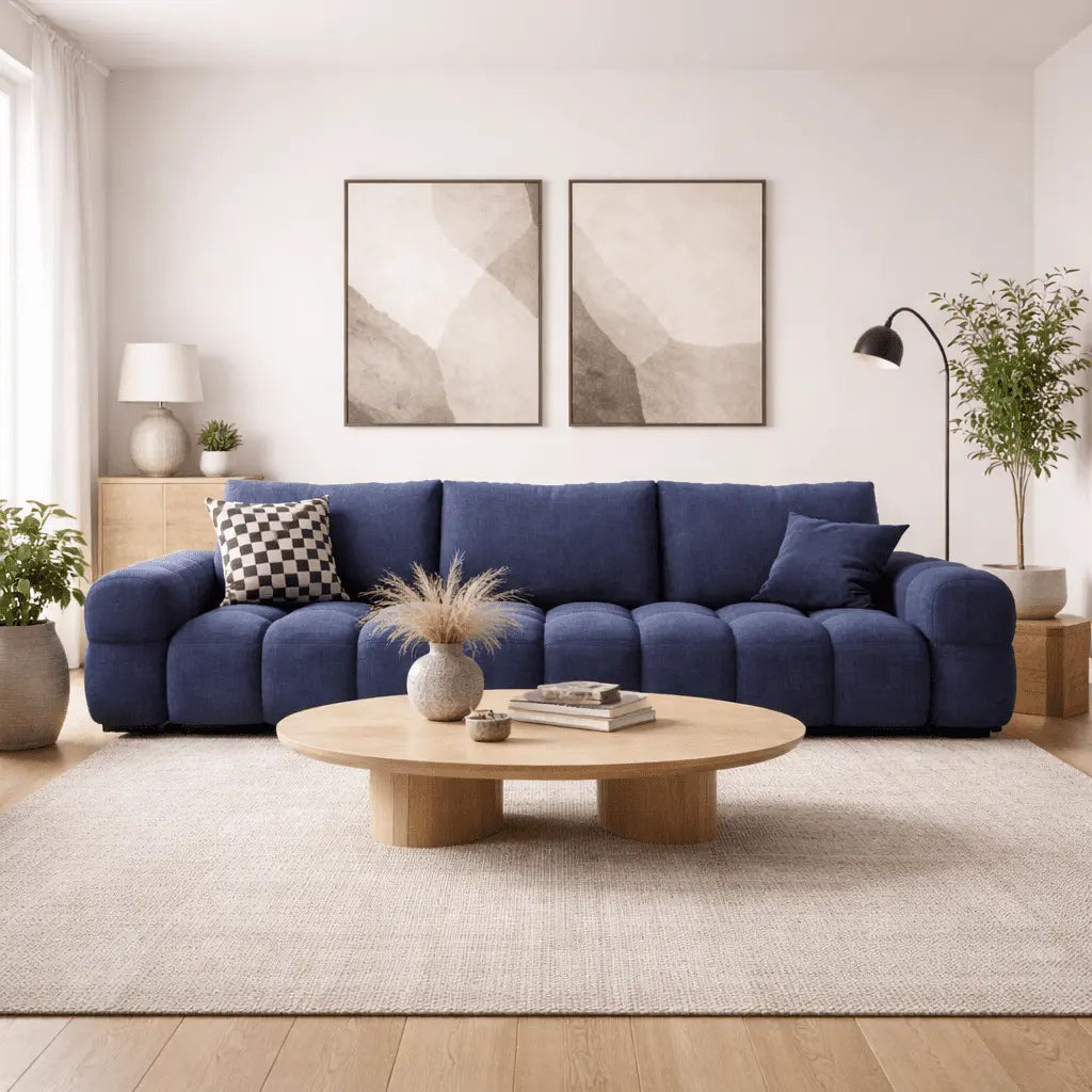 Modern living room with a blue sofa, wooden coffee table, and abstract art on the wall.