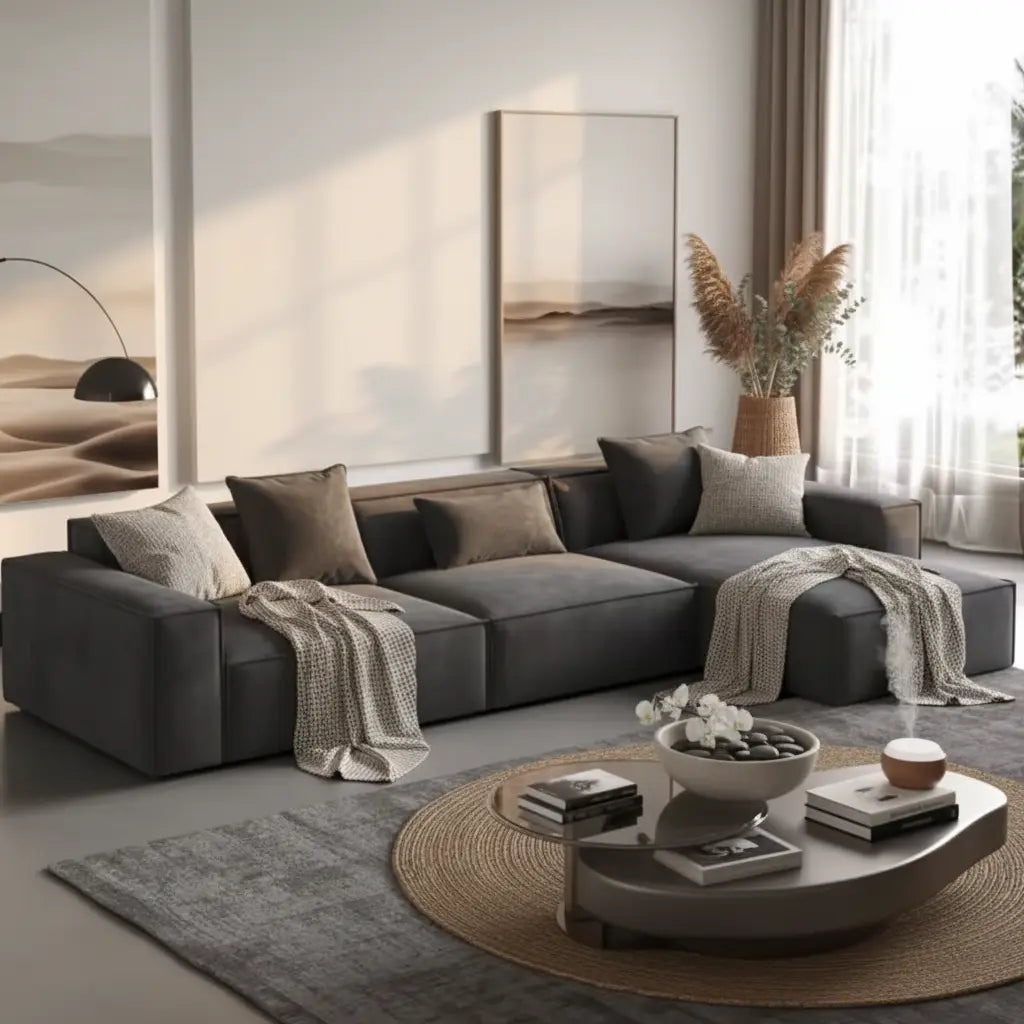 Modern living room with a gray sectional sofa from divine sofas, round coffee table, and decorative elements.