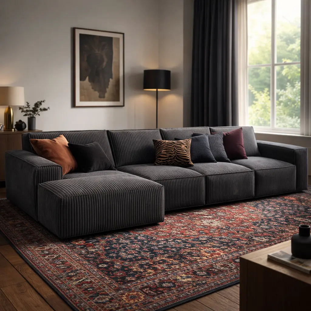 Modern living room with a large gray sectional sofa, patterned rug, and decorative pillows.
