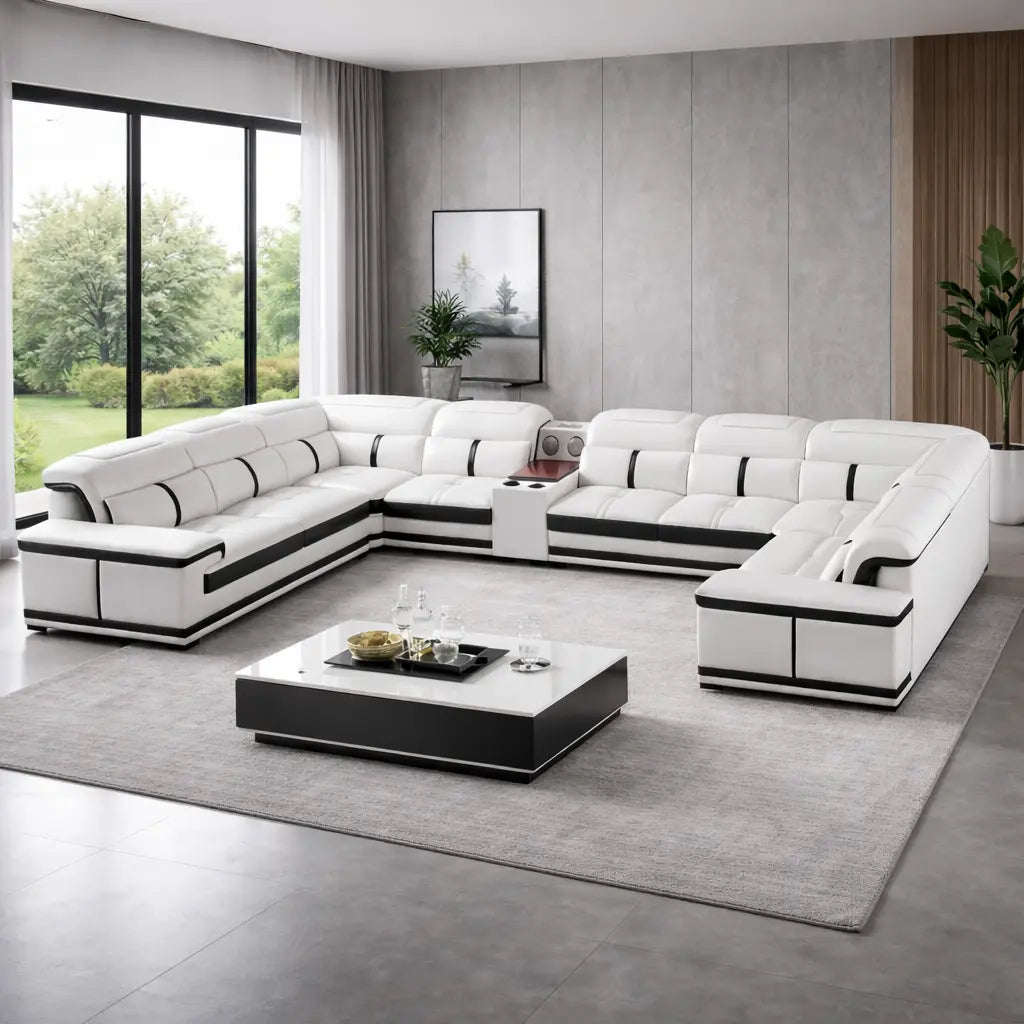 Modern living room with a large white and black sectional sofa from divine sofas.