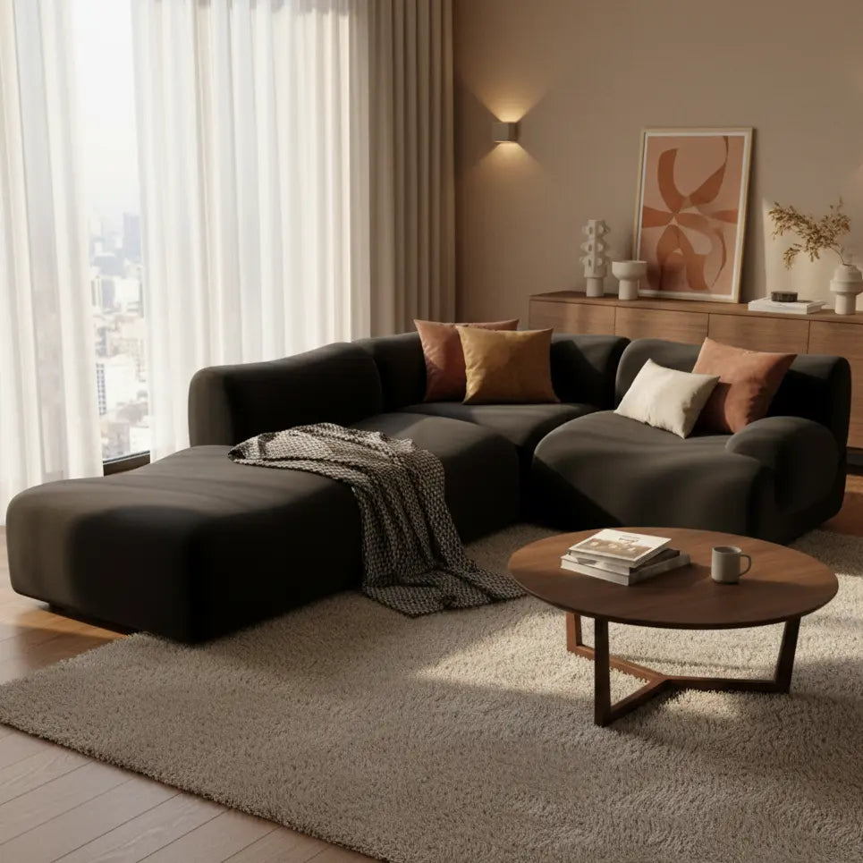Modern living room with a dark gray sectional sofa from divine sofas, wooden coffee table, and decorative items.