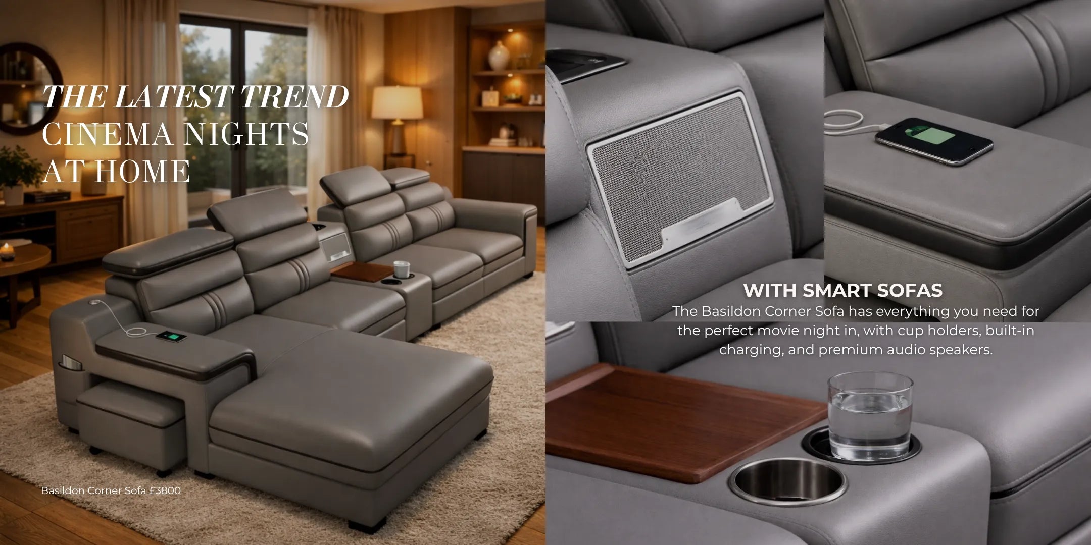 Gray corner sofa from divine sofas with entertainment features in a home setting