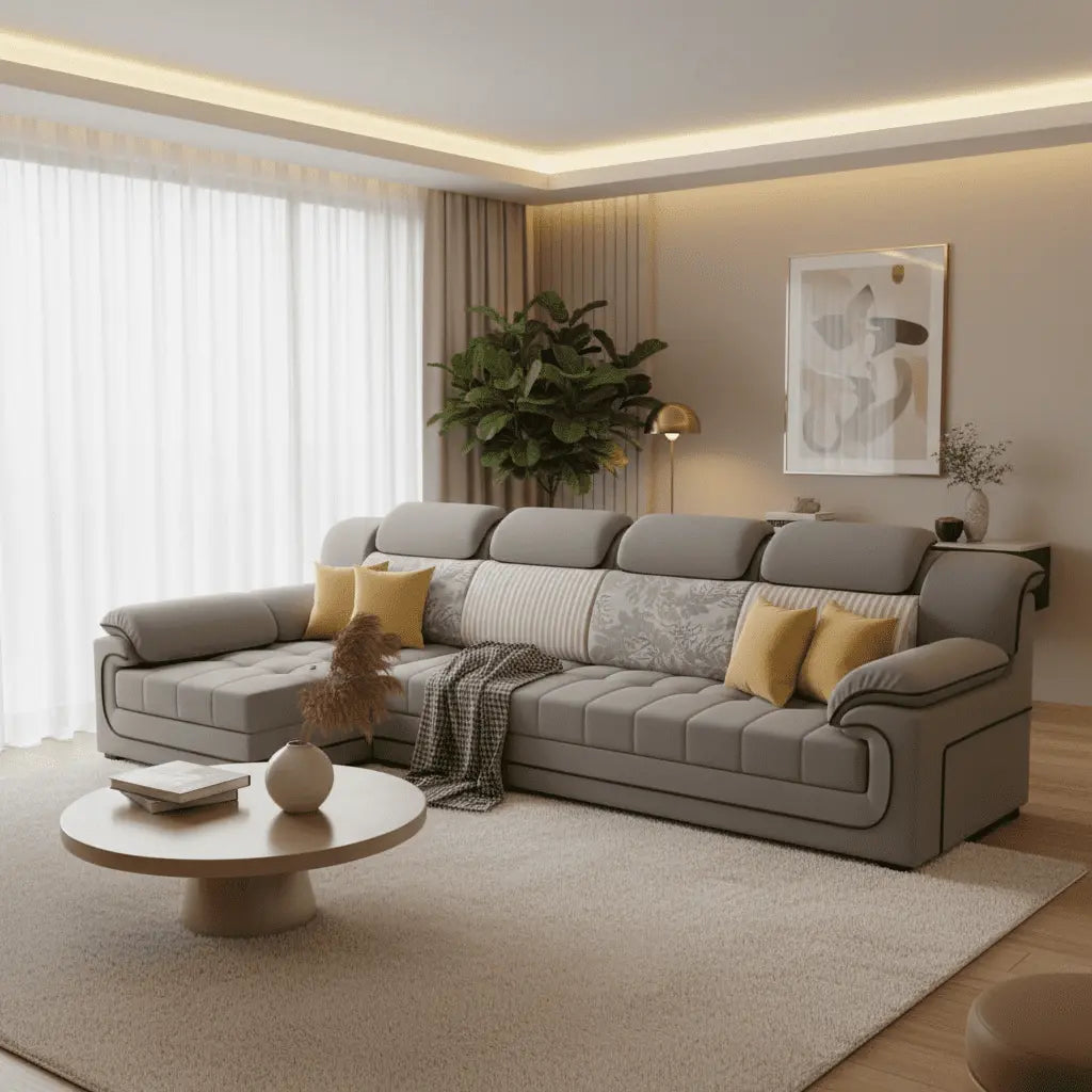 Modern living room with a gray sectional sofa, coffee table, and decorative elements.