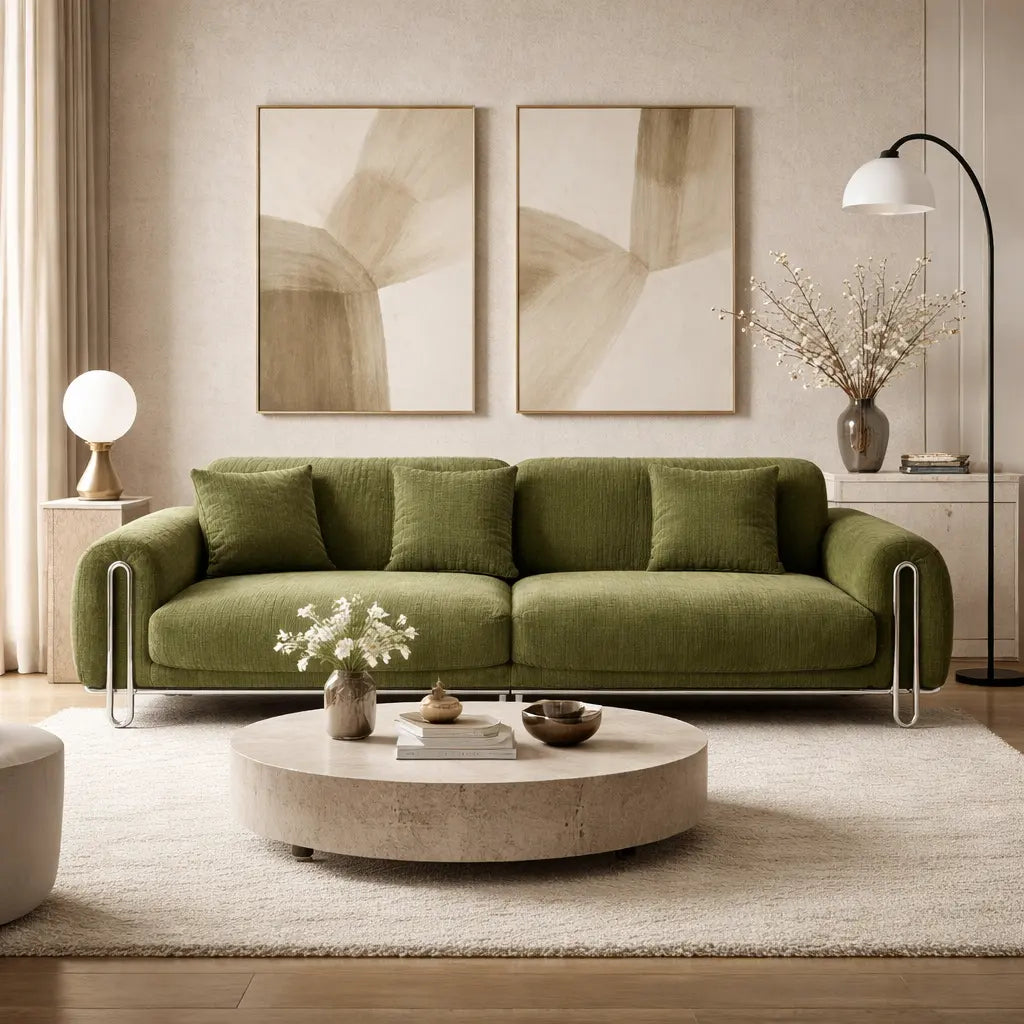 Modern living room with a green sofa, round coffee table, and abstract art on the wall.
