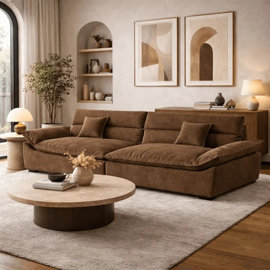 Modern living room with brown sectional sofa, round wooden coffee table, and decorative elements.